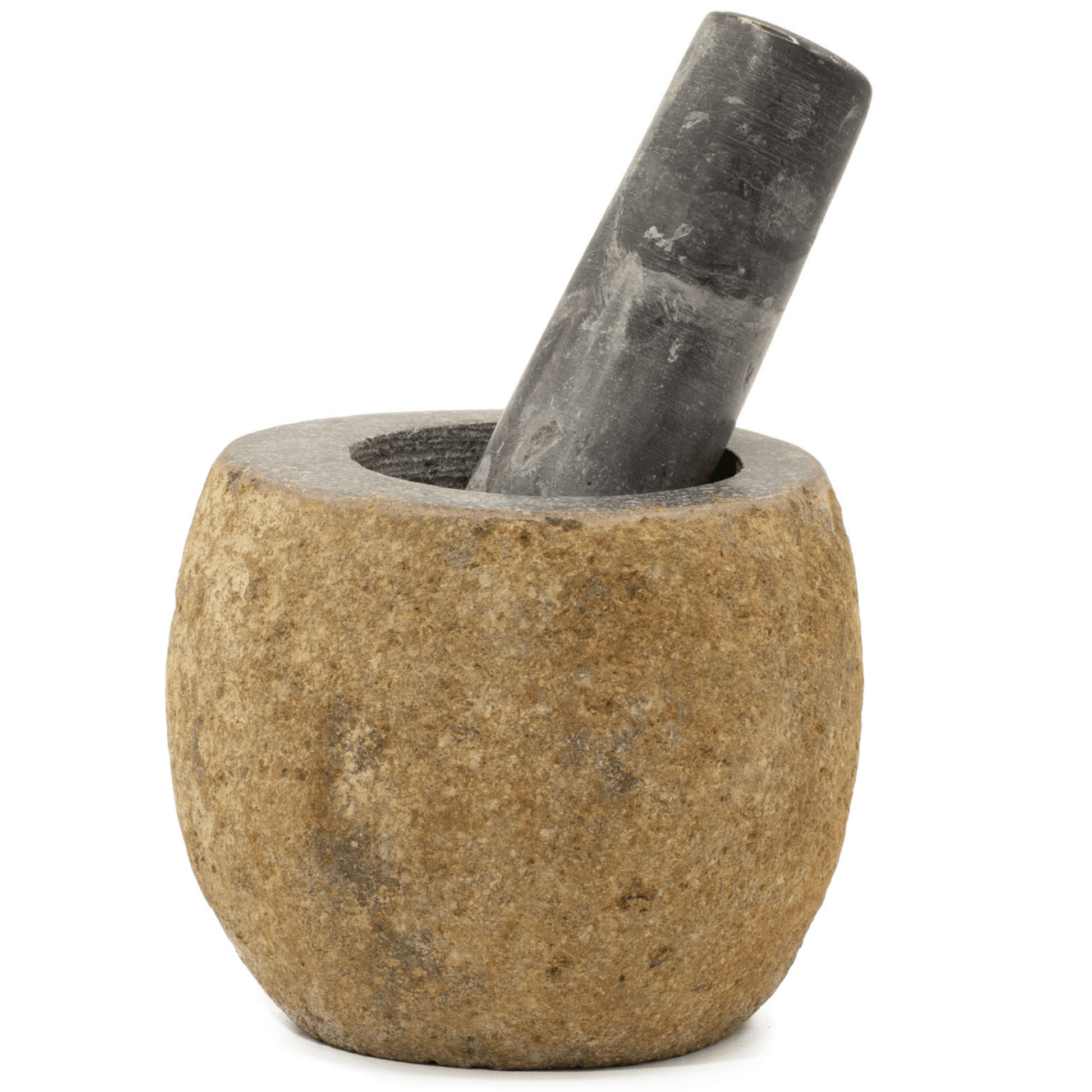 Stone mortar and pestle on a white background