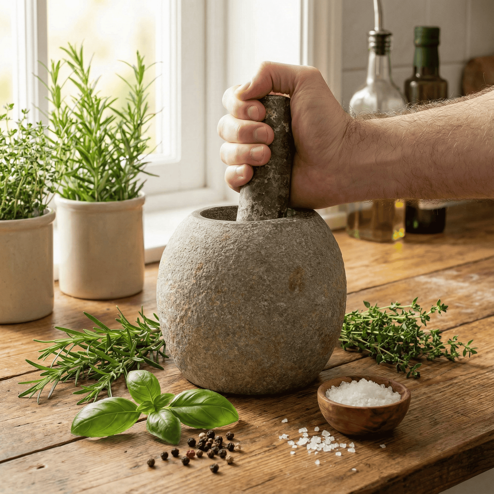 Person using a stone mortar and pestle on a wooden table with herbs and spices.
