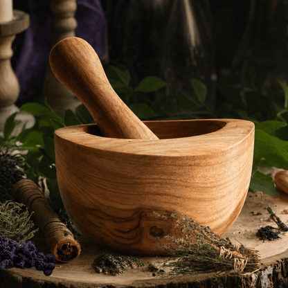 Wooden teak mortar and pestle with herbs on a wooden surface