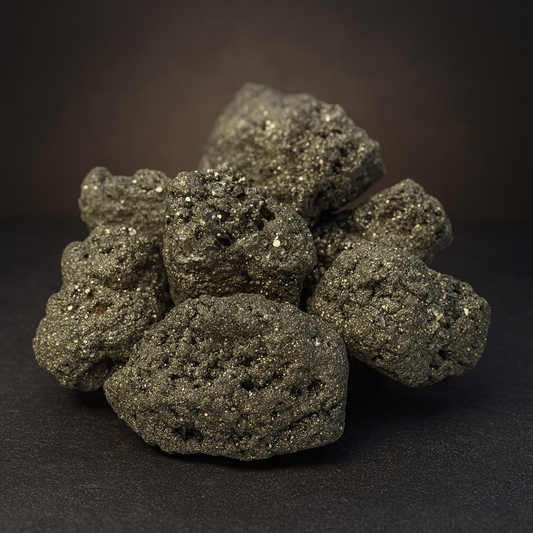 Pile of Pyrite "fools gold" on a dark background