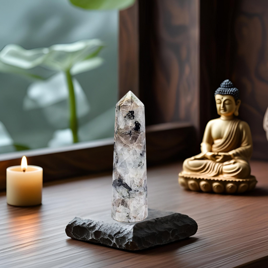 Crystal Obelisk on a stone base with a Buddha statue and candle in the background