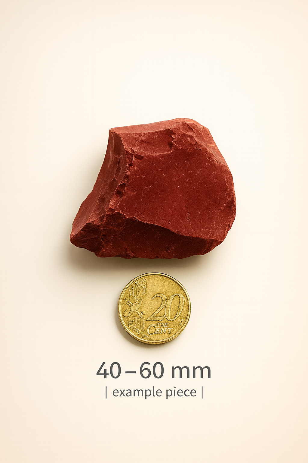 Red Jasper stone next to a gold 20 cent coin on a beige background