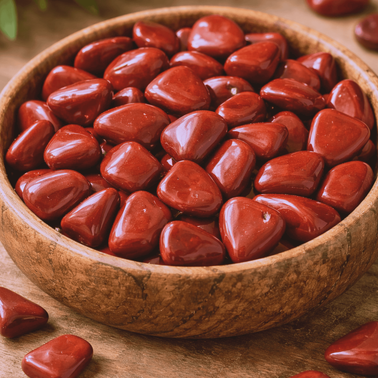 A wooden bowl of red jasper crystal tumblestone 