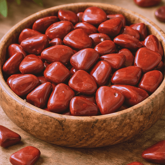 A wooden bowl of red jasper crystal tumblestone 