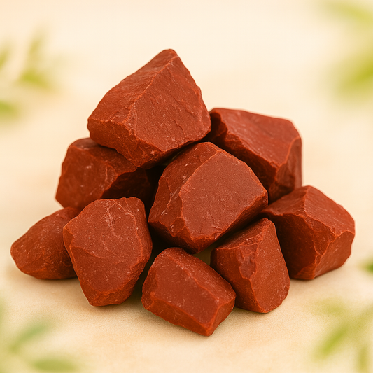 Pile of red Jasper stones on a beige background