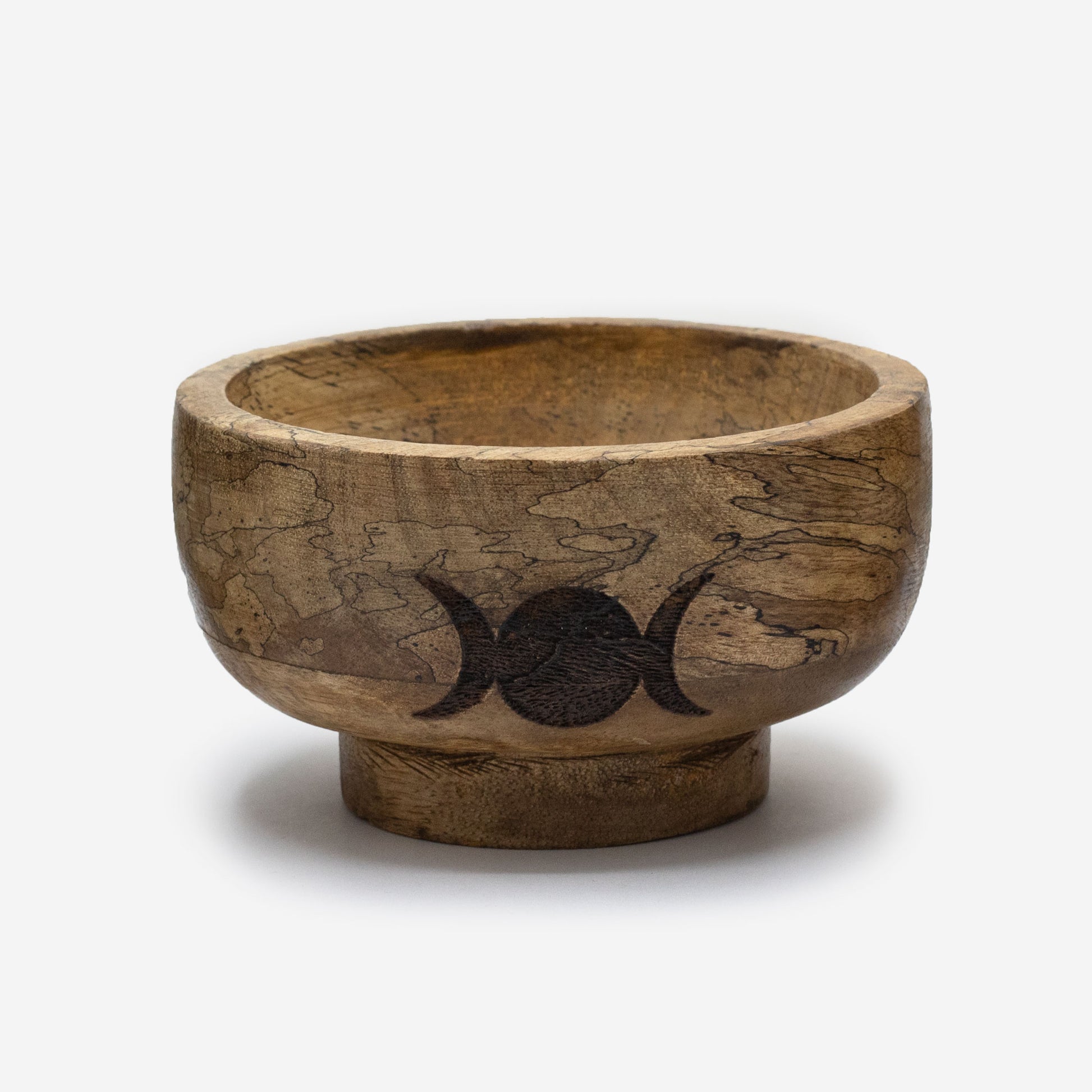 Wooden bowl with a moon phase design on a white background
