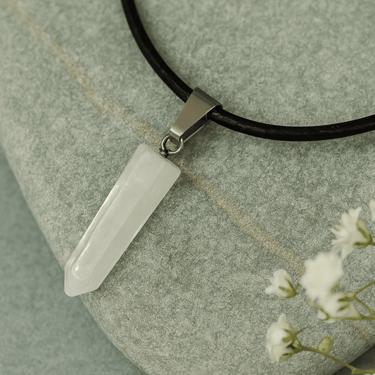 ROCK CRYSTAL FACETED POINT PENDANT SILVER BAIL FAUX LEATHER CORD 18"