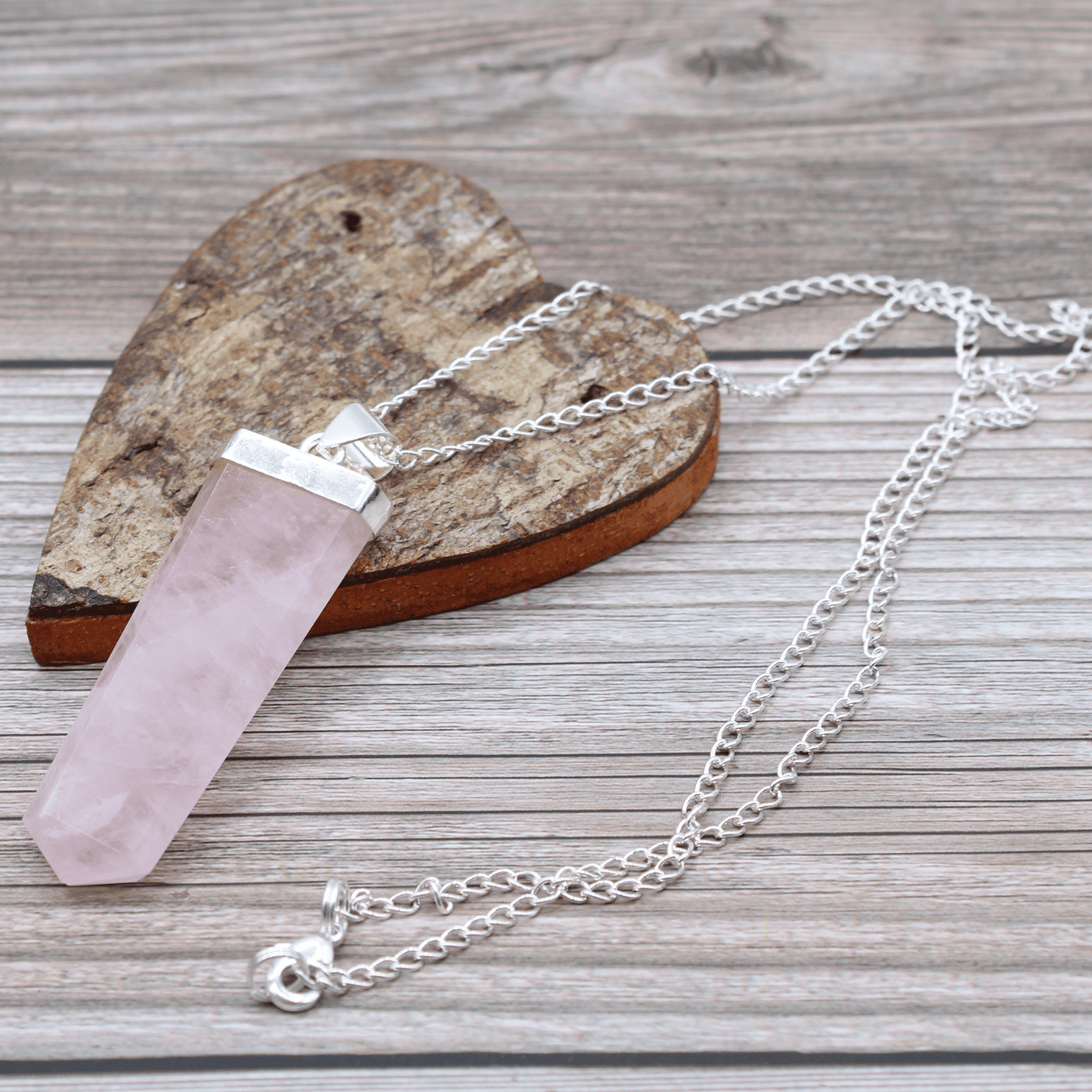 ROSE QUARTZ FLAT PENCIL CRYSTAL PENDANT NECKLACE On Silver Plated Chain