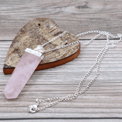 ROSE QUARTZ FLAT PENCIL CRYSTAL PENDANT NECKLACE On Silver Plated Chain