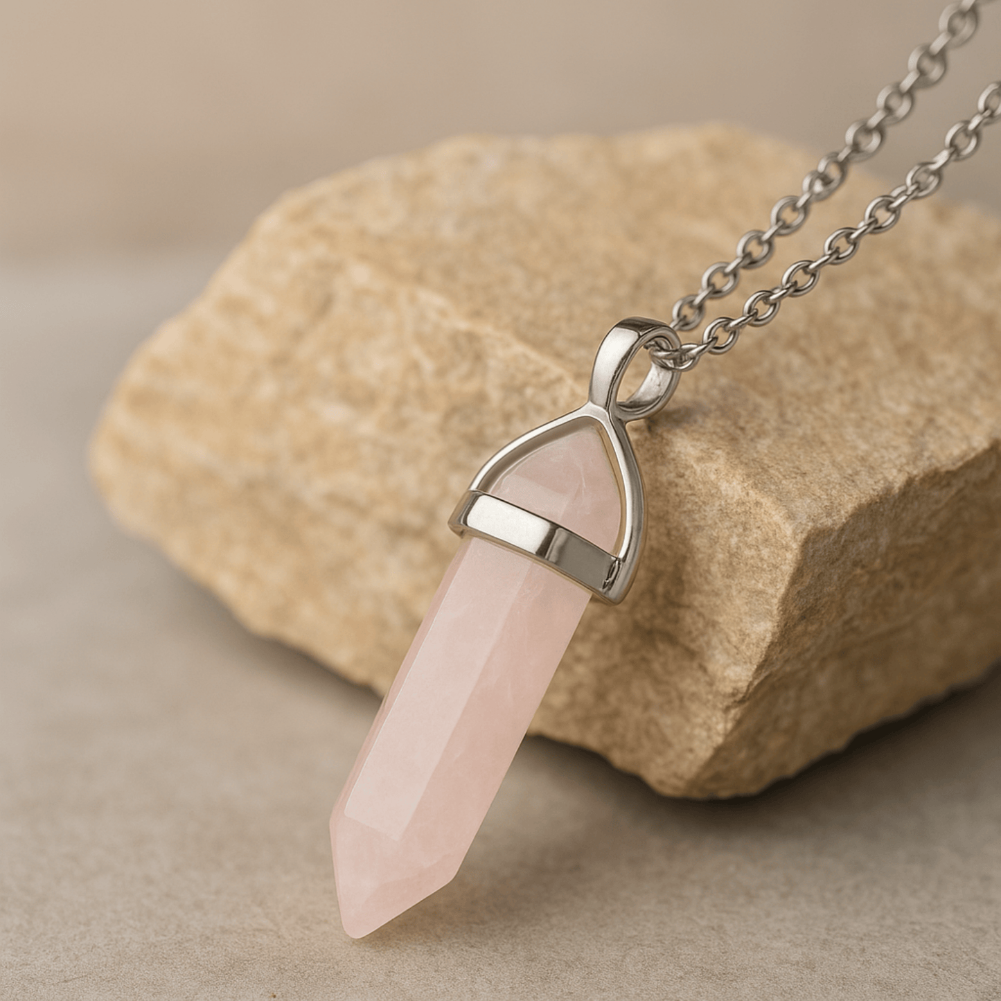 ROSE QUARTZ HORSESHOE PENDANT NECKLACE ON STAINLESS STEEL CHAIN (50cm)