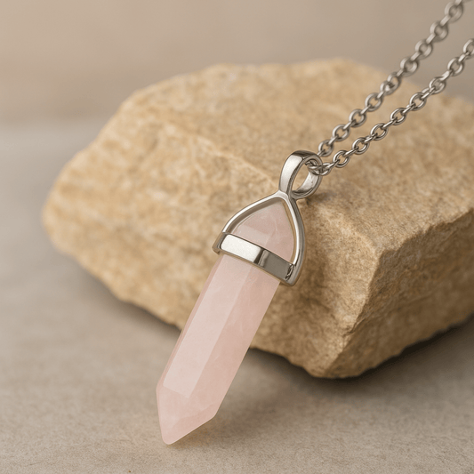 ROSE QUARTZ HORSESHOE PENDANT NECKLACE ON STAINLESS STEEL CHAIN (50cm)