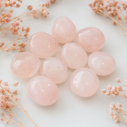 Pink crystal balls on a light background with dried flowers