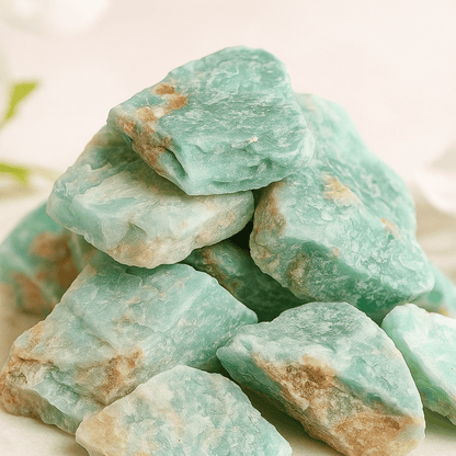 A pile of raw Amazonite with light blue-green coloration and tan matrix, photographed close-up on a soft light background.