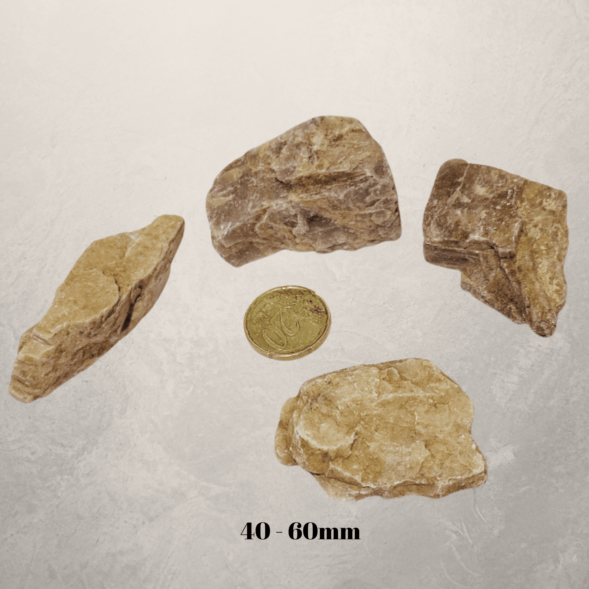 4 rough moonstone crystal pieces and a 20 cent coin for scale on a beige background