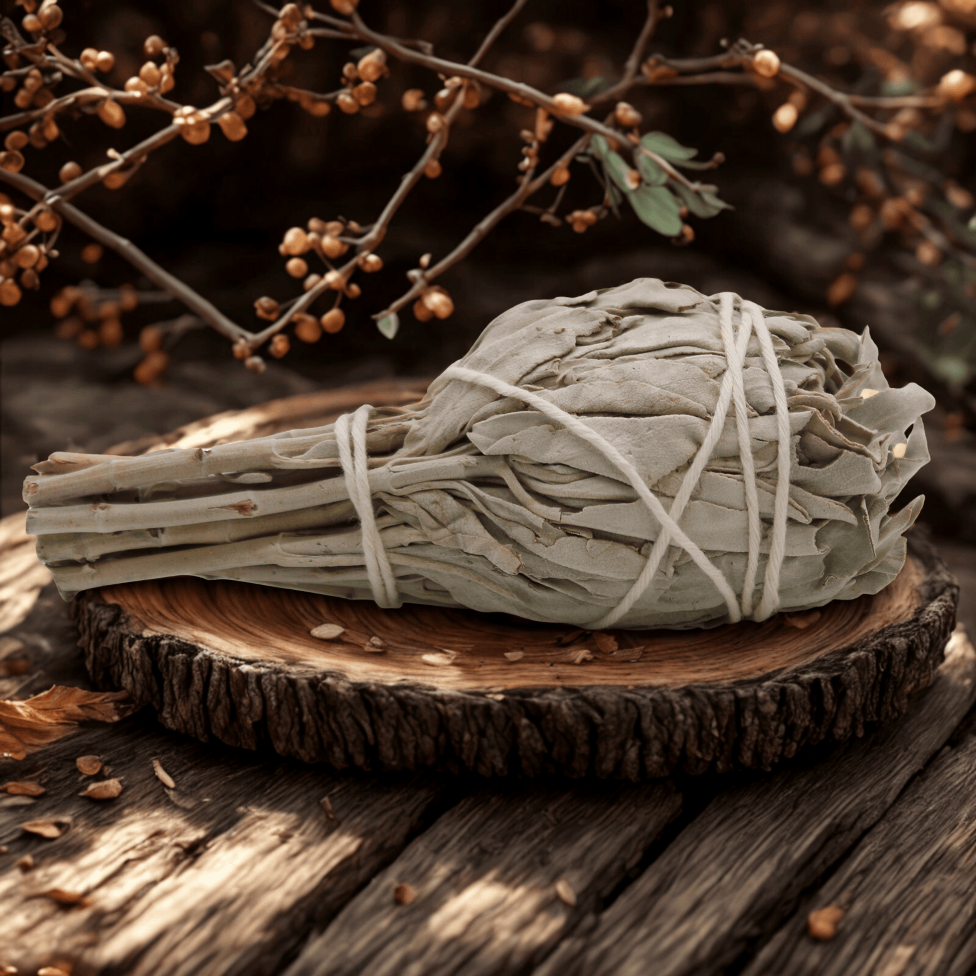 Bundled sage on a wooden surface with a natural background