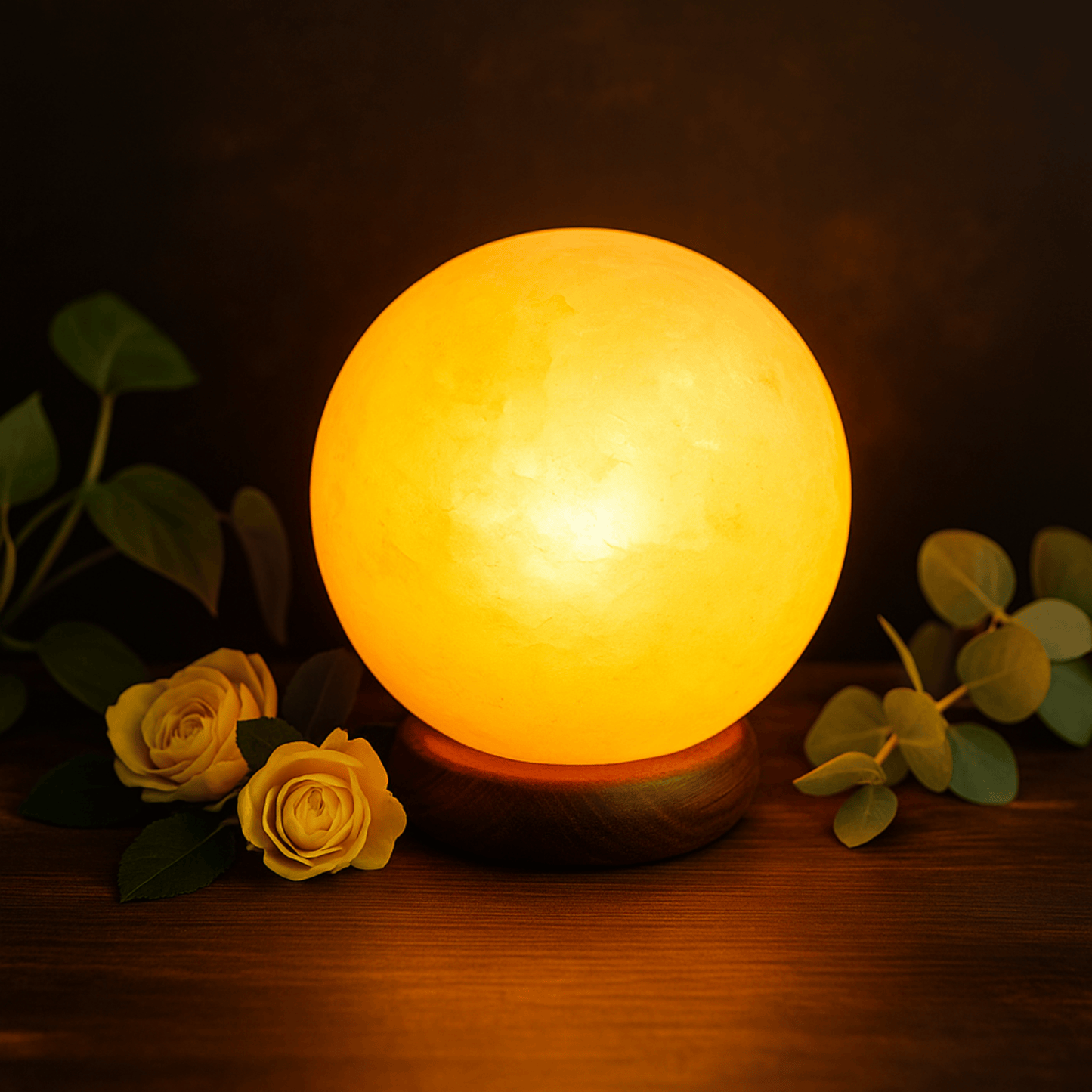 SALT LAMP BALL ON LARGE WOODEN BASE – Approx. 4kg (UK Plug)