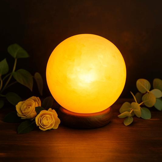 SALT LAMP BALL ON LARGE WOODEN BASE – Approx. 4kg (UK Plug)