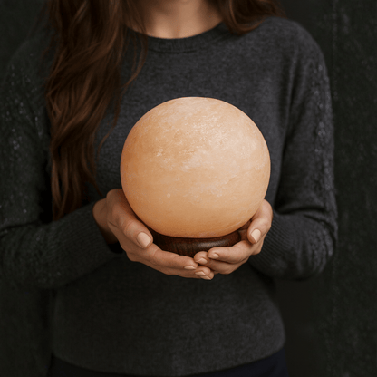 SALT LAMP BALL ON LARGE WOODEN BASE – Approx. 4kg (UK Plug)