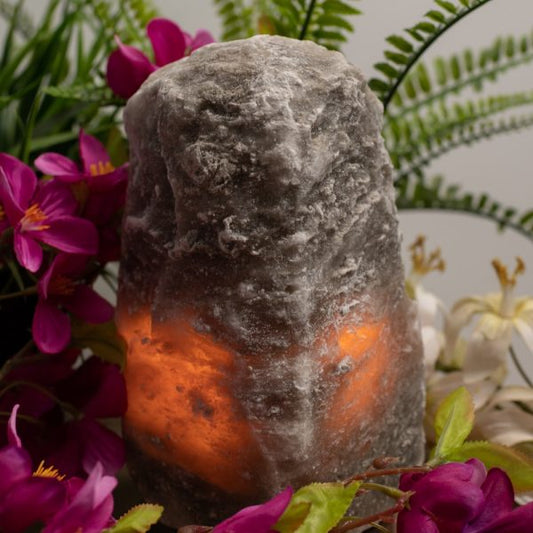 GREY HIMALAYAN SALT LAMP 3-4kg with a orange glow surrounded by pink and white glowers and green leaves in the background