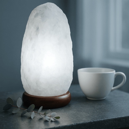 White crystal rock salt lamp and white mug on a dark surface with a blurred background