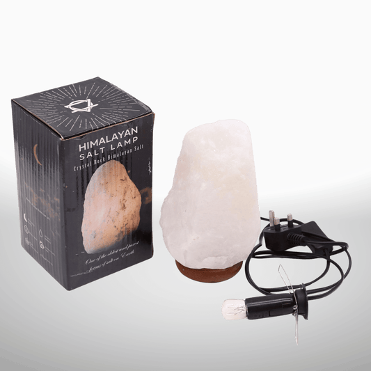 Himalayan salt lamp with packaging on a gradient background