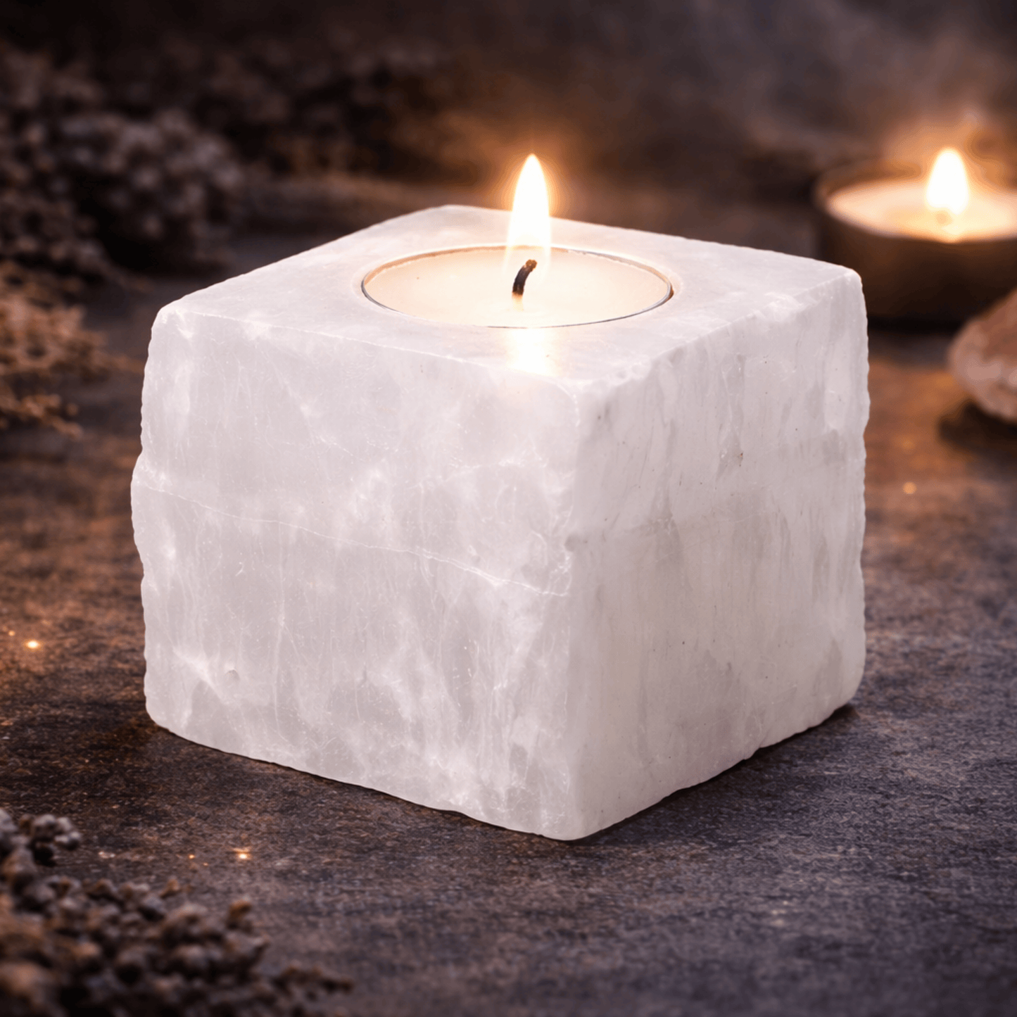Candle in a white Selenite tealight holder on a dark surface with blurred background