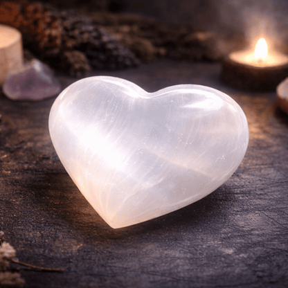 HEART SELENITE WORRY STONE - 7-8cm Large Healing Crystal Palm Stone