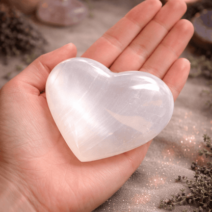 HEART SELENITE WORRY STONE - 7-8cm Large Healing Crystal Palm Stone