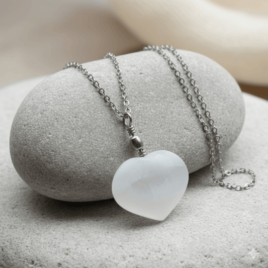 Selenite white heart shape pendant on a stainless steel chain laying on a large grey pebble.