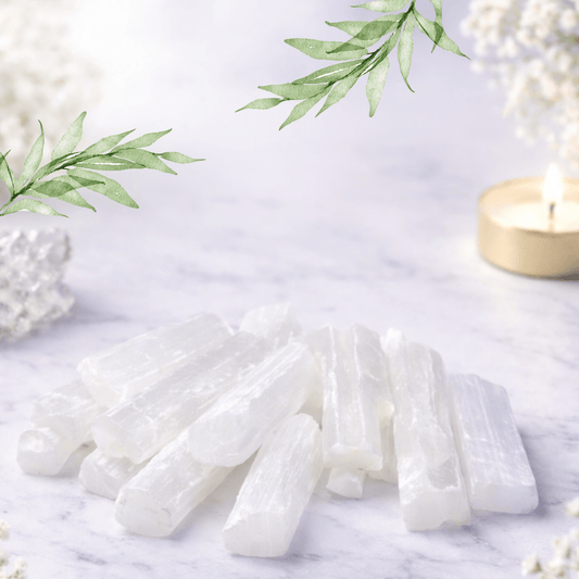 White cylindrical candles on a marble surface with green leaves and a candle in the background