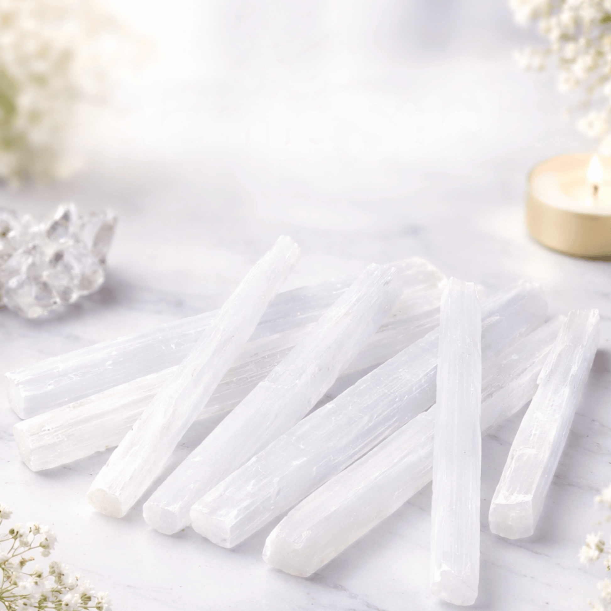 Selenite sticks 16-20cm on a white background