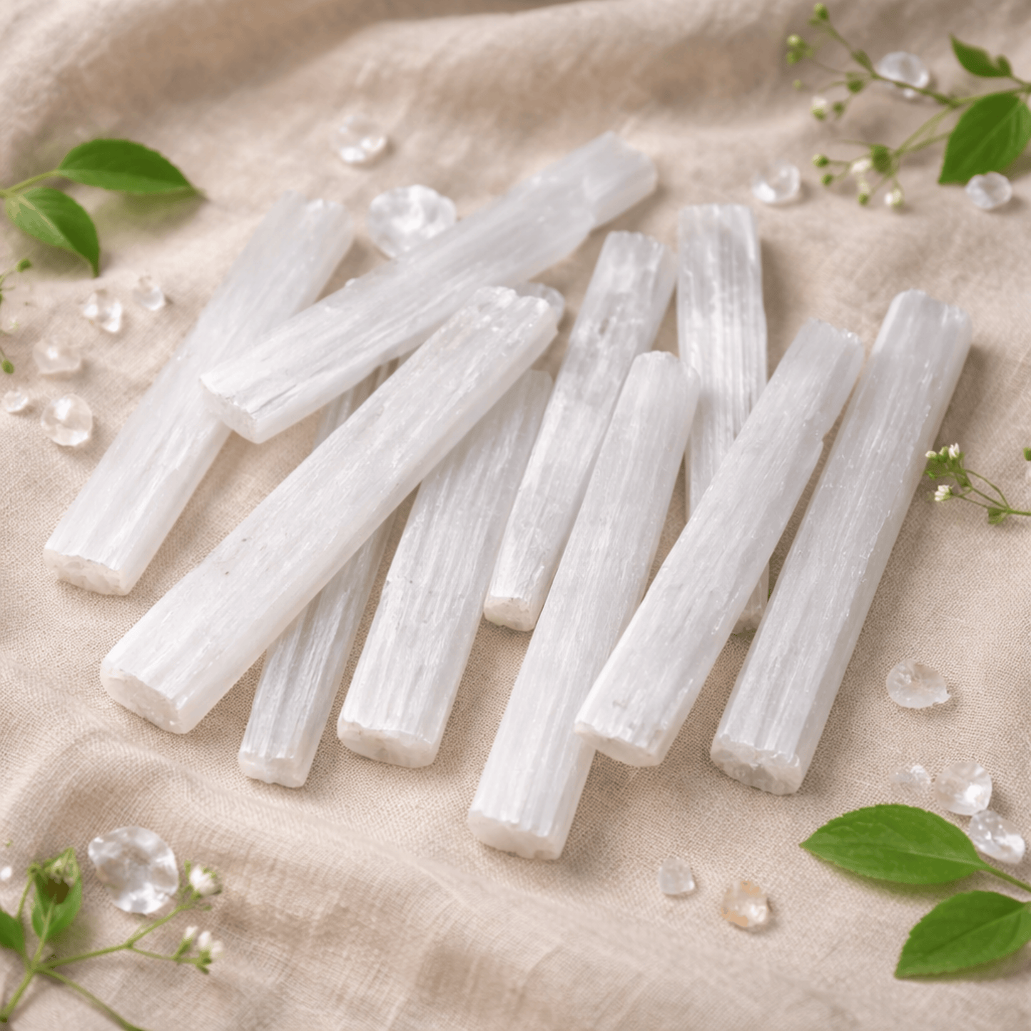 Selenite Charging Bars in their raw form on a beige background with green leaves and flowers