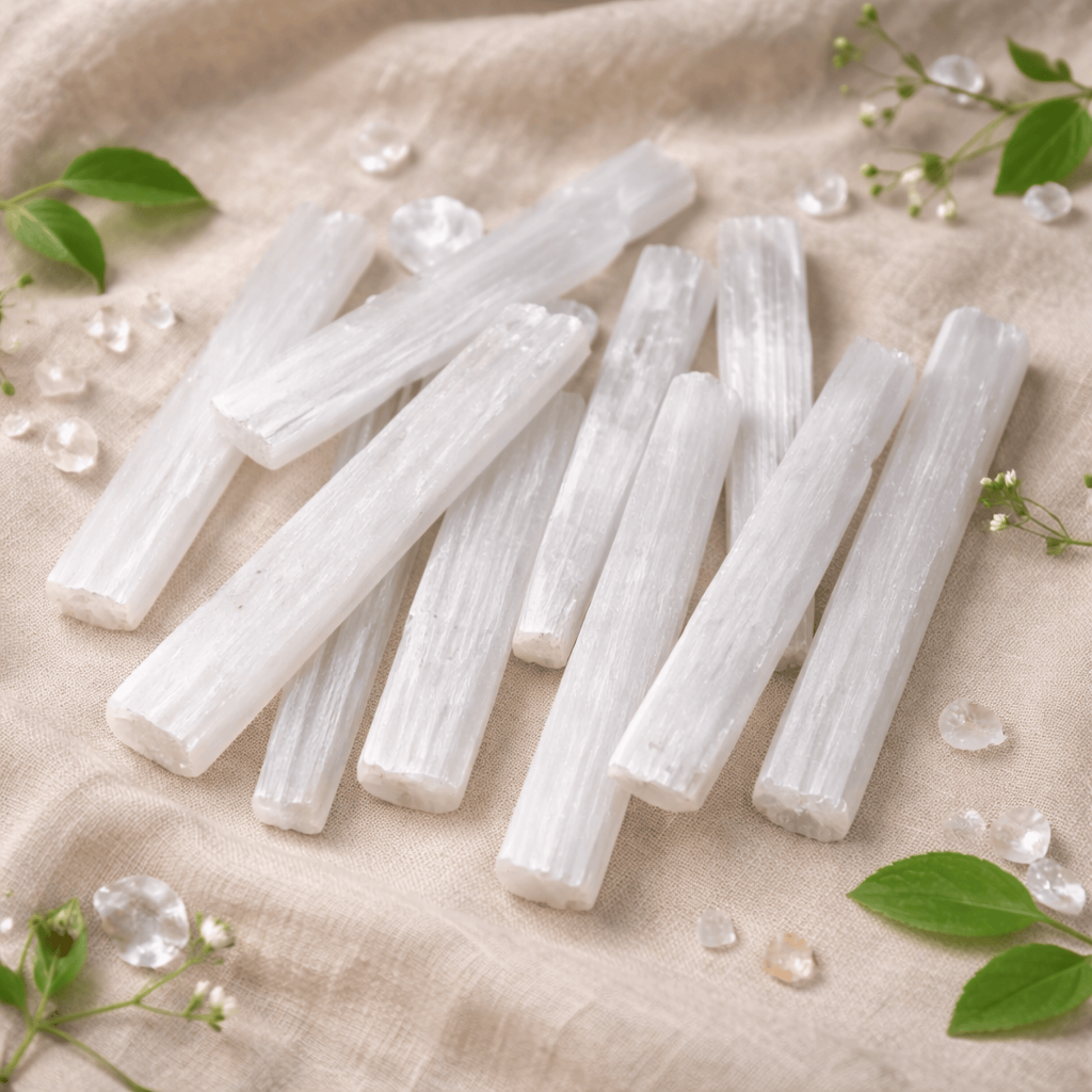 Selenite Charging Bars in their raw form on a beige background with green leaves and flowers
