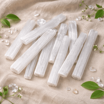 Selenite Charging Bars in their raw form on a beige background with green leaves and flowers