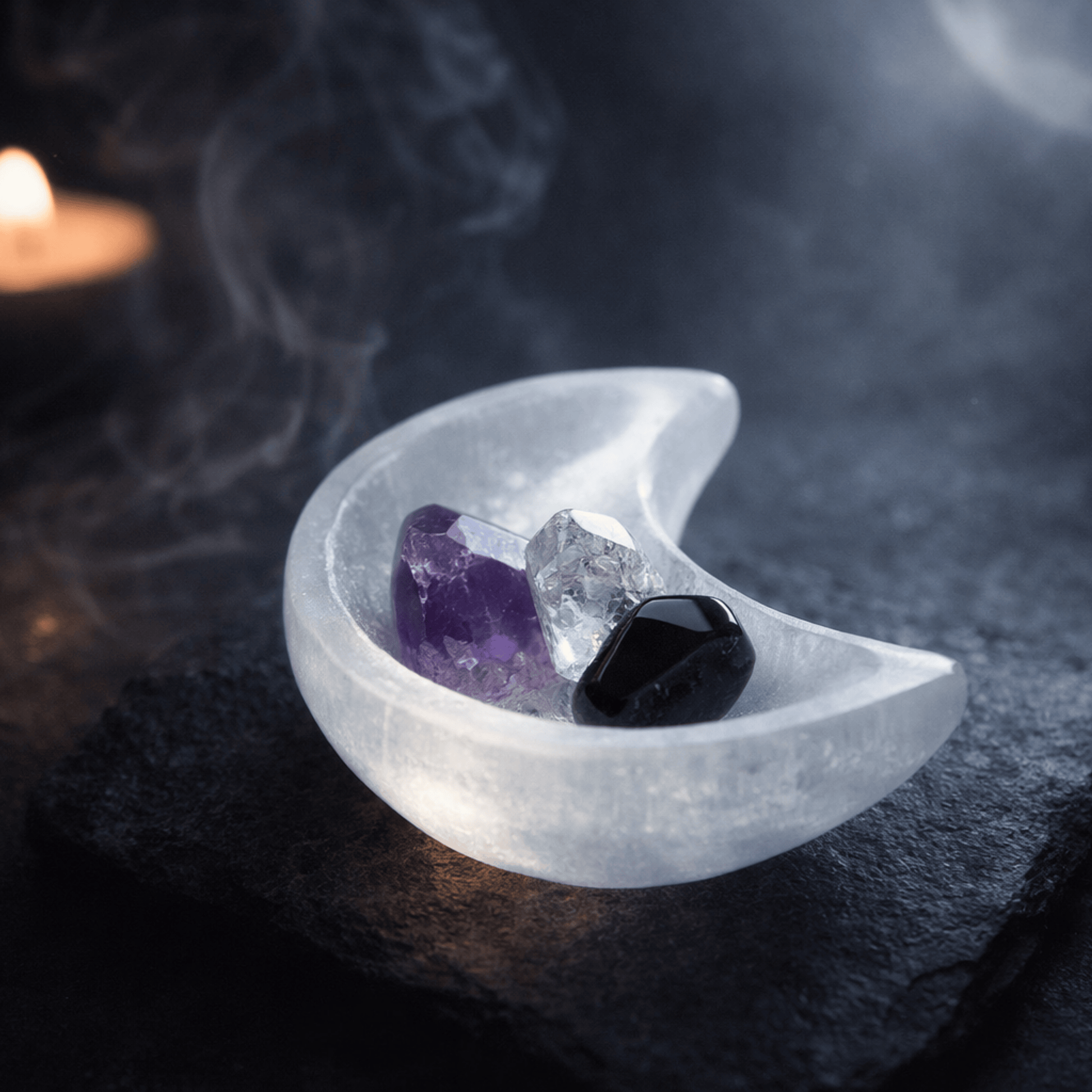 Crystal moon shaped dish with amethyst, clear crystal, and black stone on a dark surface with a candle in the background.