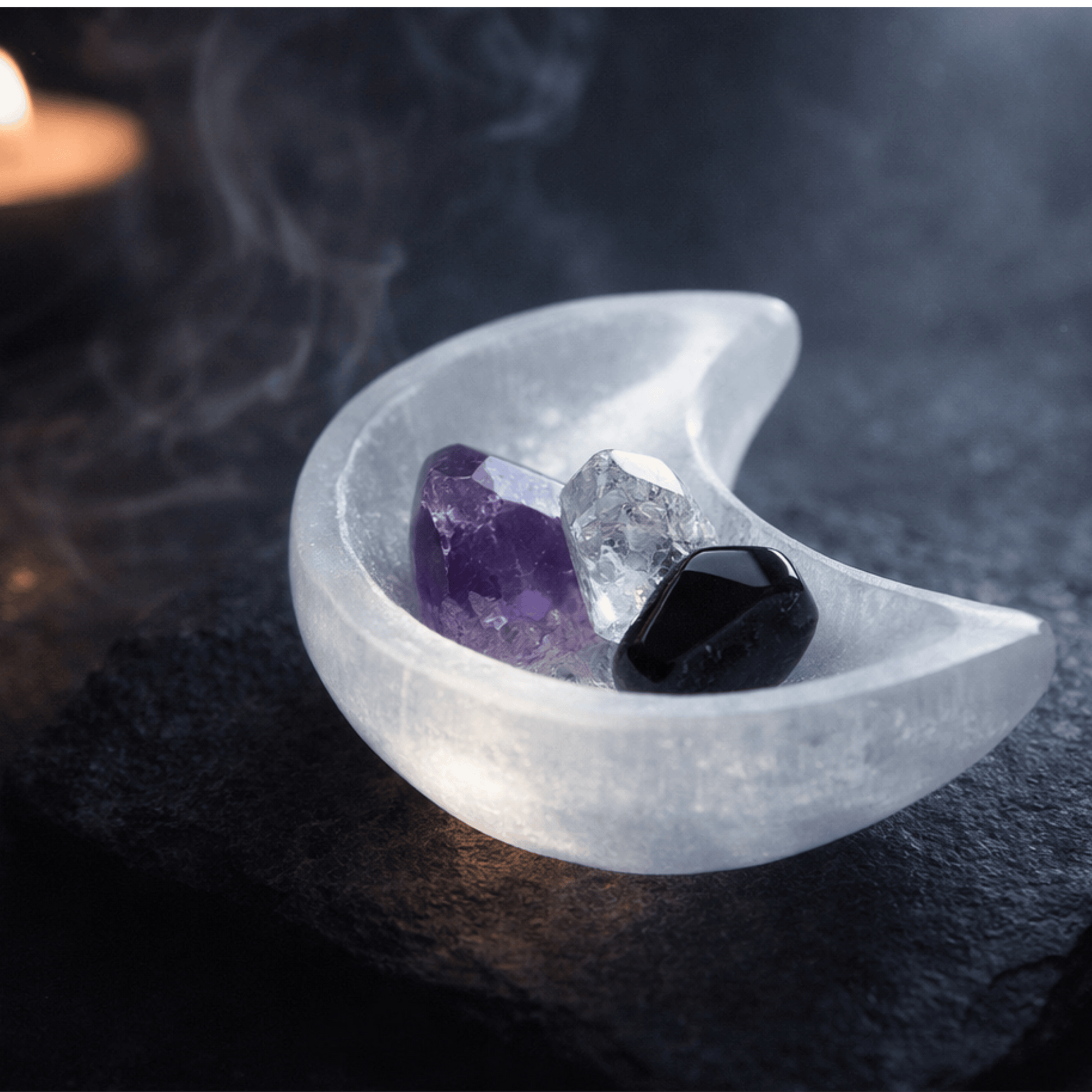 white Crystal shaped as a moon with a purple, white and black crystal in it