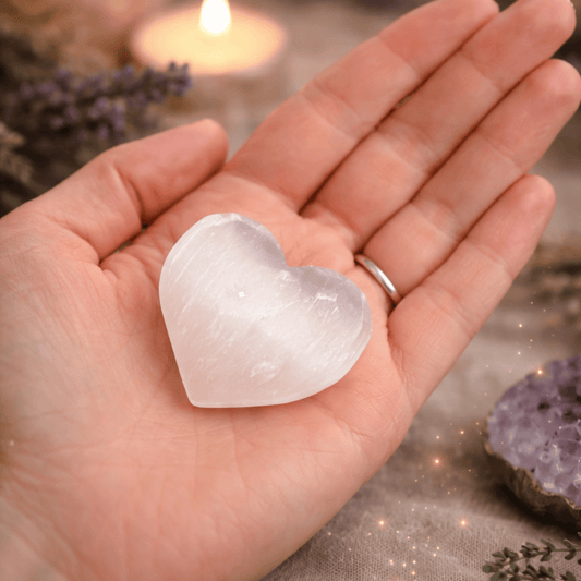 Heart-shaped Selenite crystal held in a hand with a soft focus background