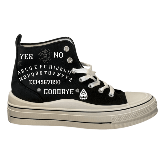 Black chunky high-top sneaker with white text and symbols spirit board on a transparent background