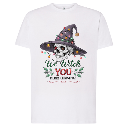 White t-shirt with a skull wearing a witch hat and Christmas lights, text 'We Witch You Merry Christmas' on a white background.