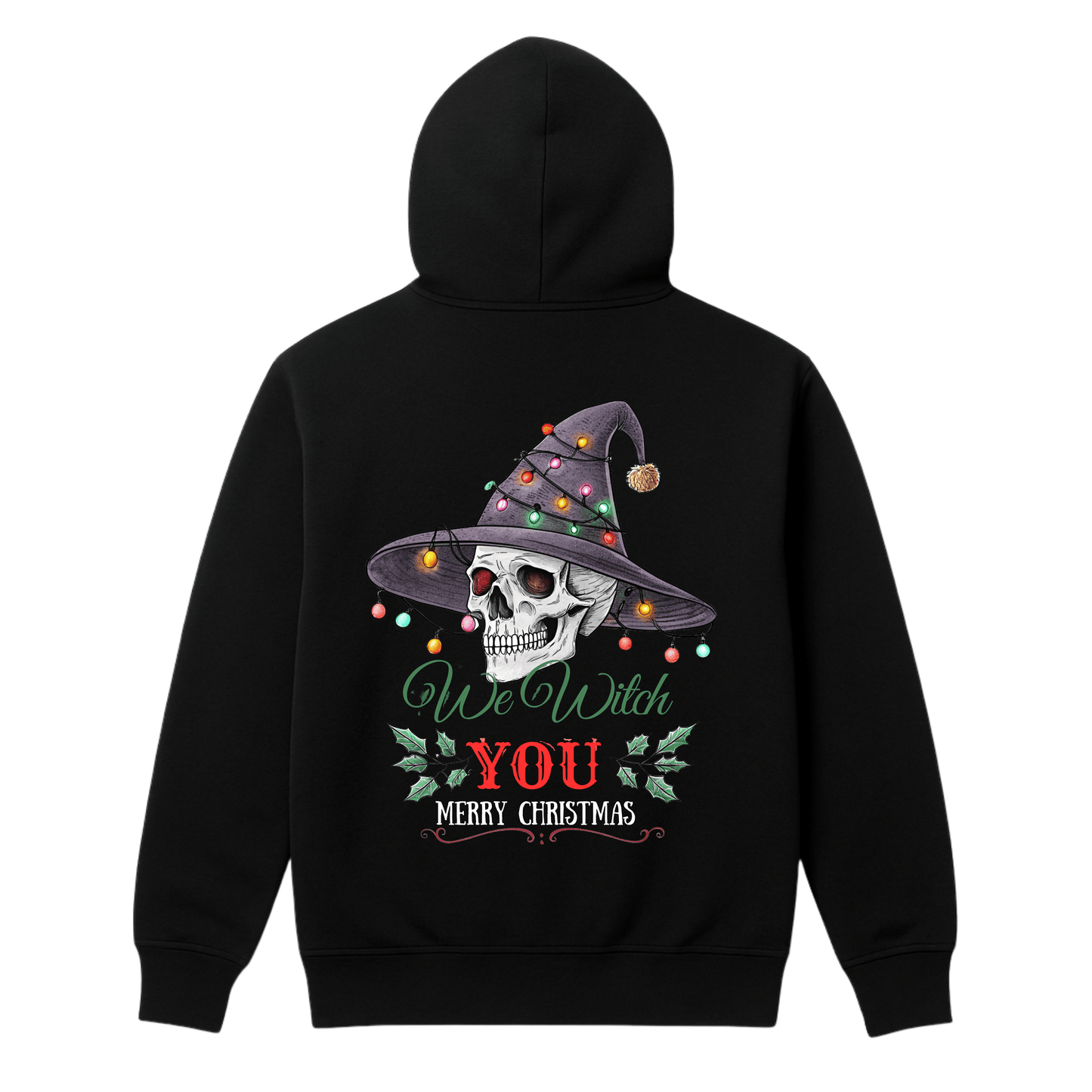 Black hoodie with a skull wearing a witch hat and Christmas lights design on the back.
