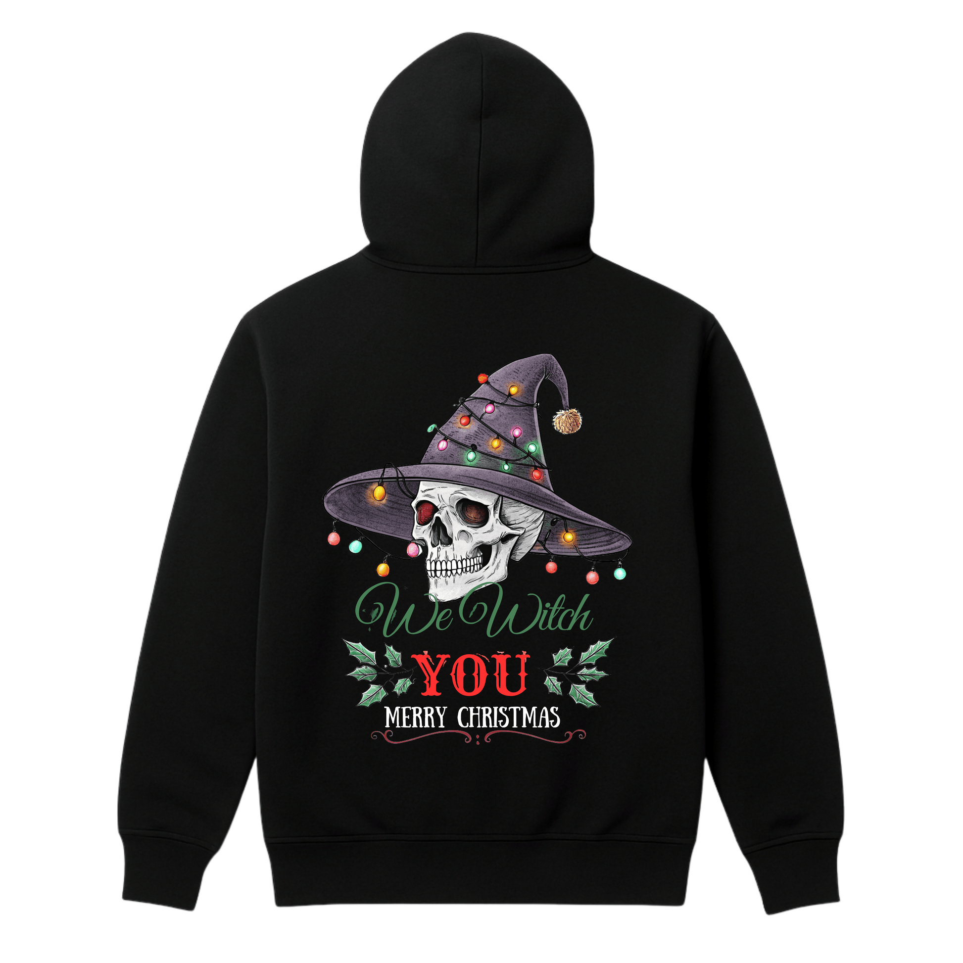 Black hoodie with a skull wearing a witch hat and Christmas lights design on the back.