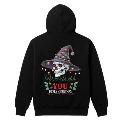 Black hoodie with a skull wearing a witch hat and Christmas lights design on the back.
