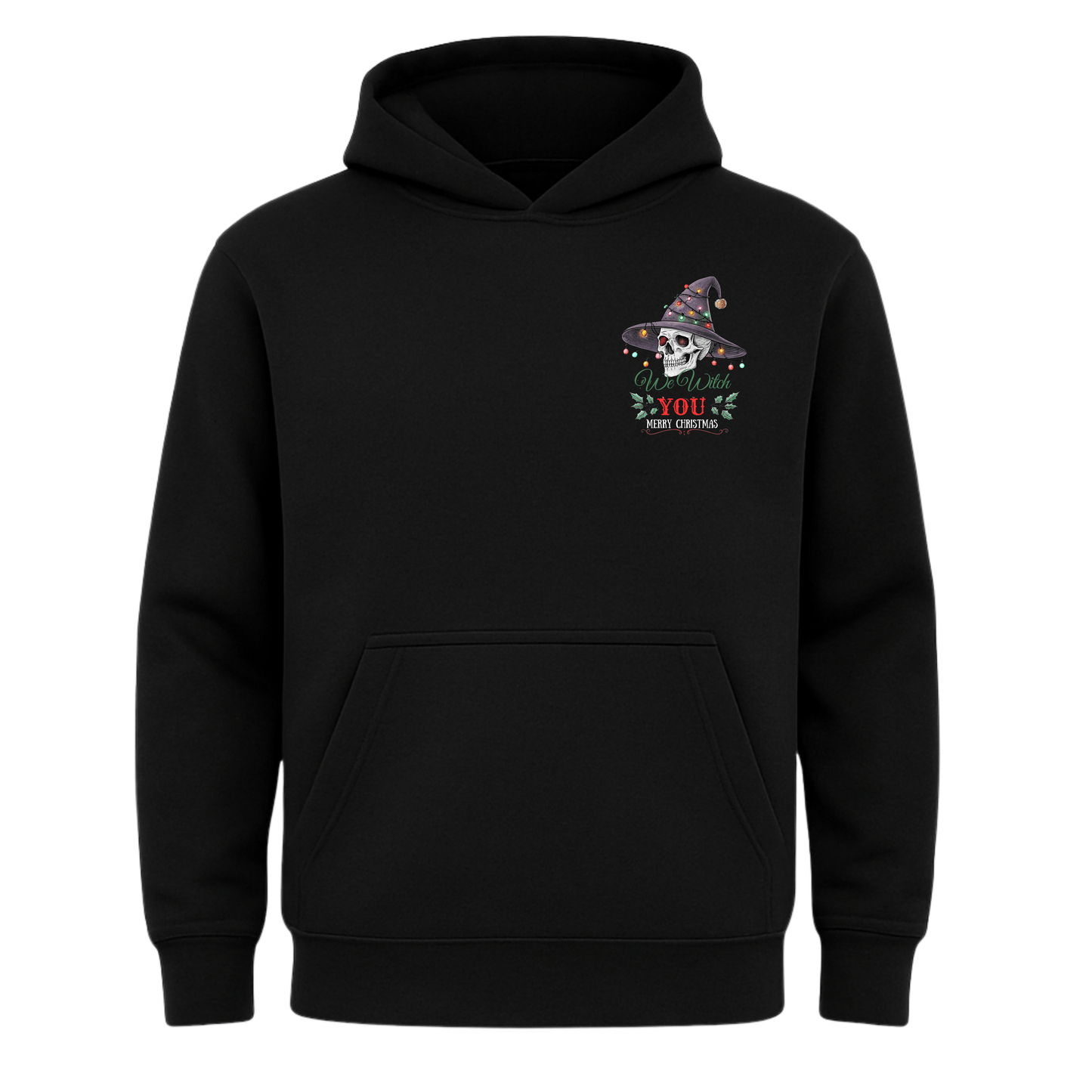 Black hoodie with a colorful graphic on the chest against a white background