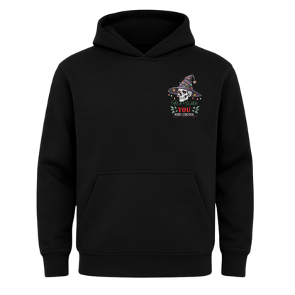 Black hoodie with a colorful graphic on the chest against a white background