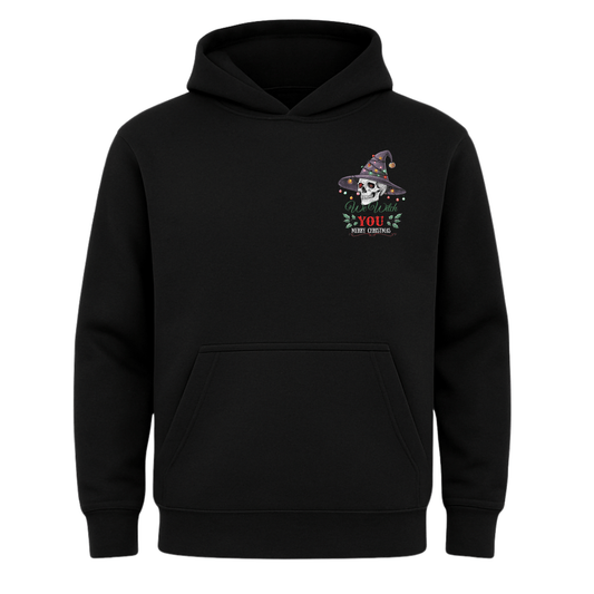 Black hoodie with a colorful graphic on the chest against a white background