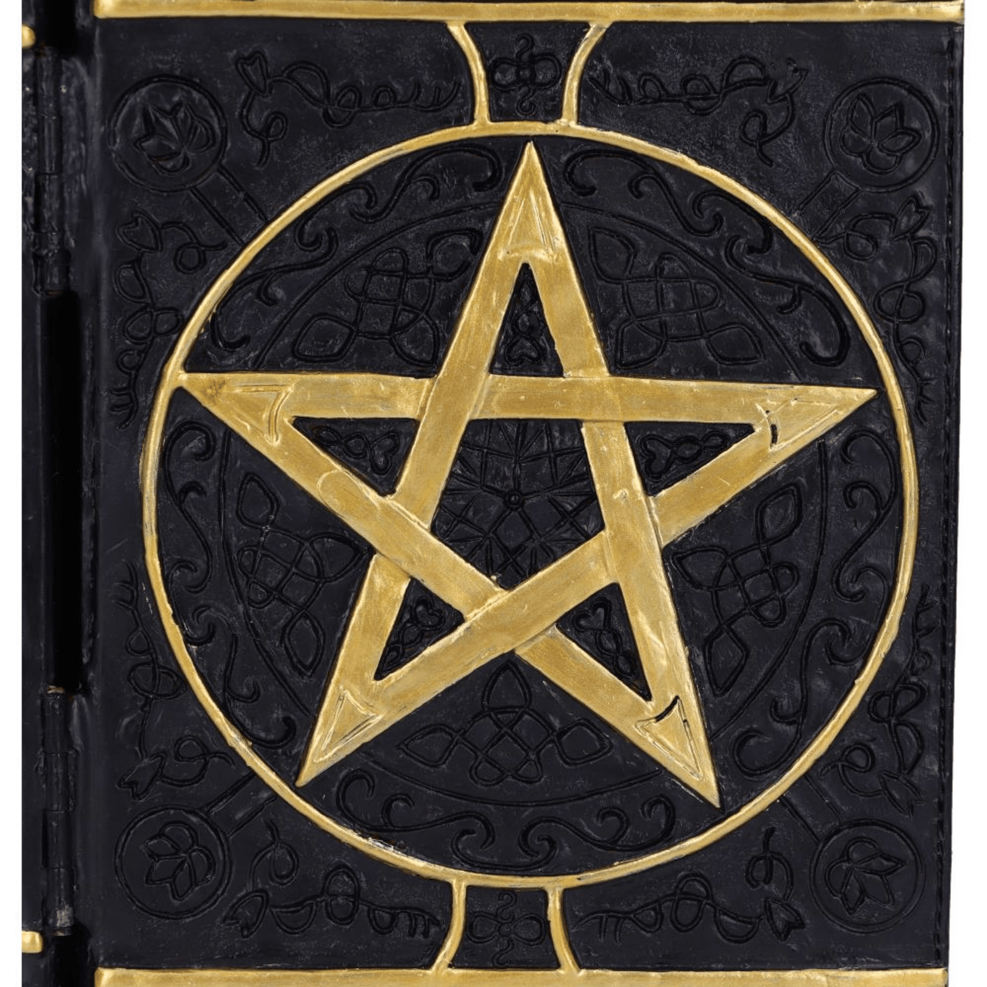 Black book box with gold pentagram design on a black background
