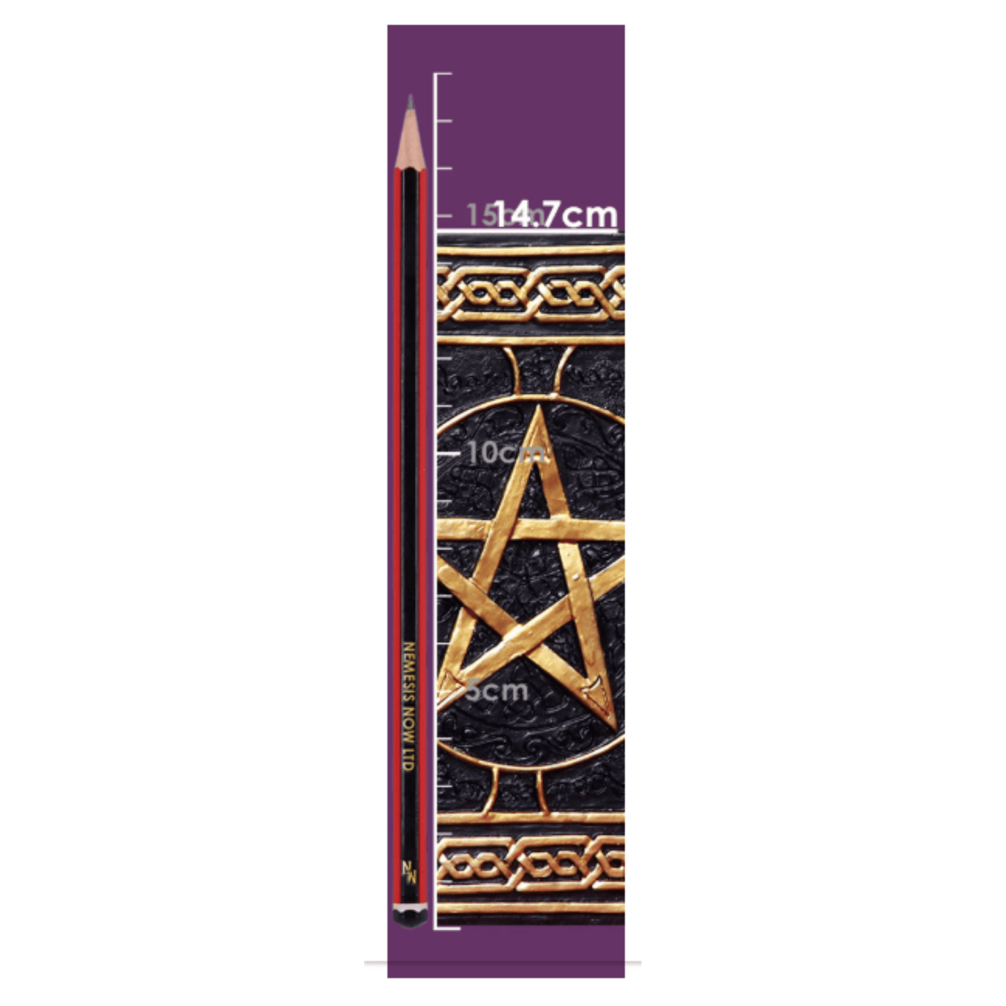Ruler showing the height of the pentagram spell box using a ruler and a pencil on a white background.