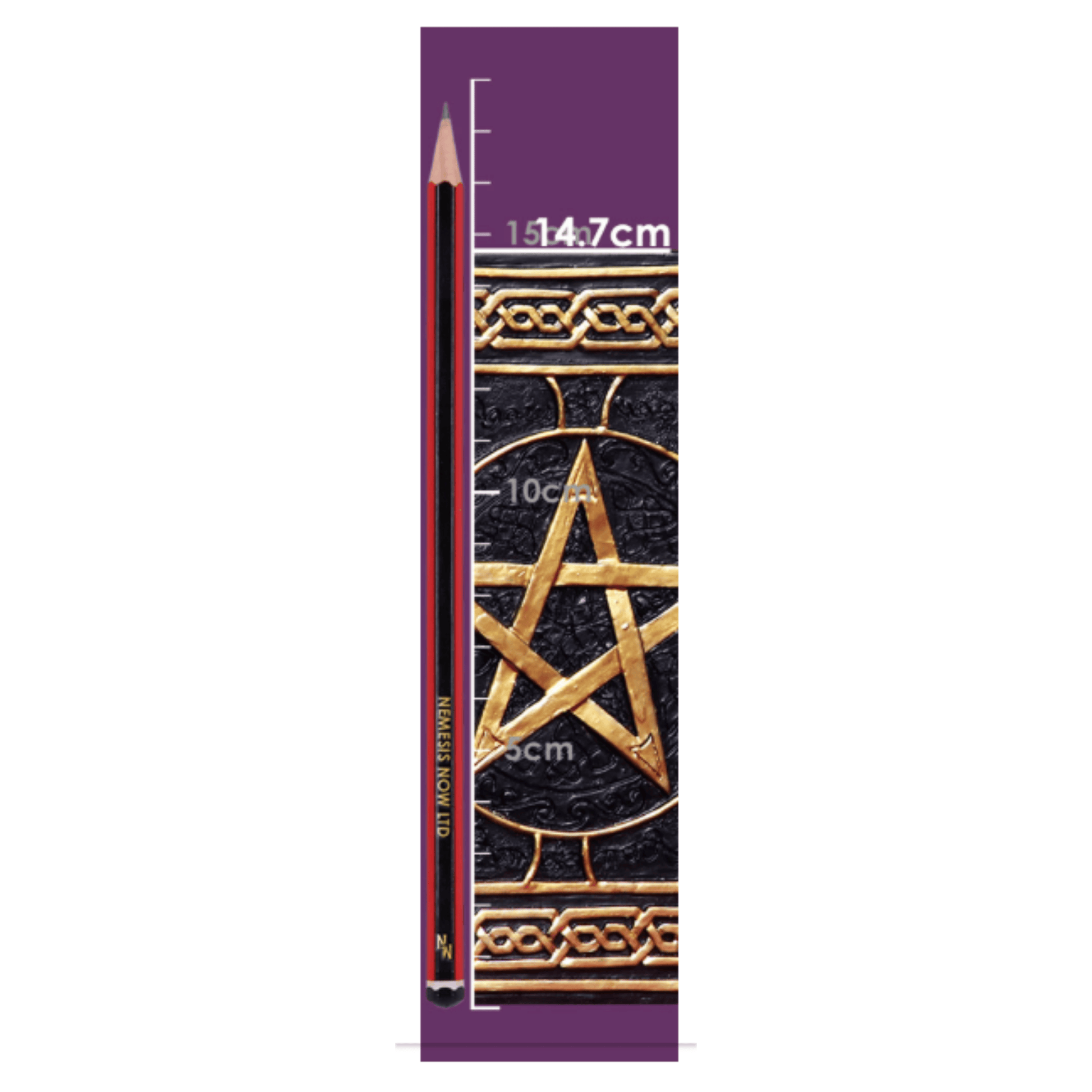 Ruler showing the height of the pentagram spell box using a ruler and a pencil on a white background.