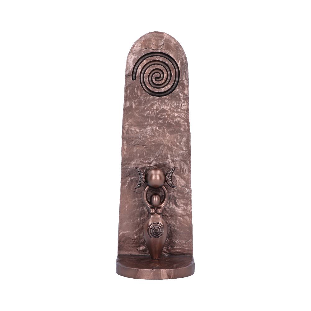 Bronze sculpture of a Goddess holding a triple moon with spiral design on a textured bronze background