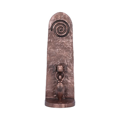 Bronze sculpture of a Goddess holding a triple moon with spiral design on a textured bronze background